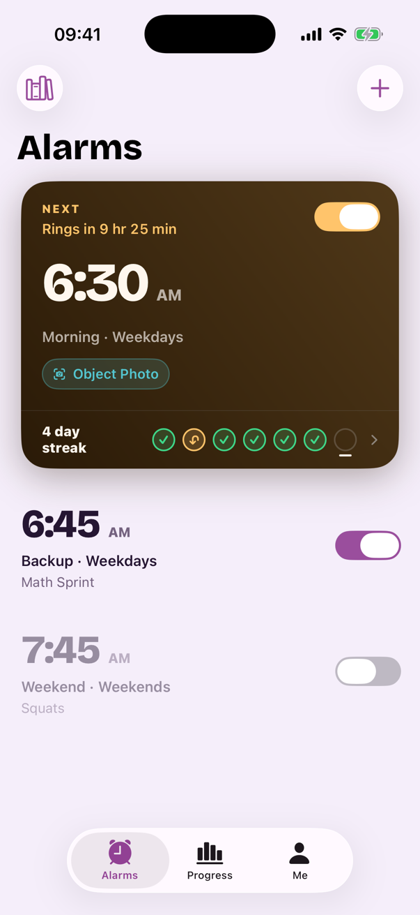 DawnPath Alarms screen — alarms at 06:30 and 06:45, each paired with one wake-up task
