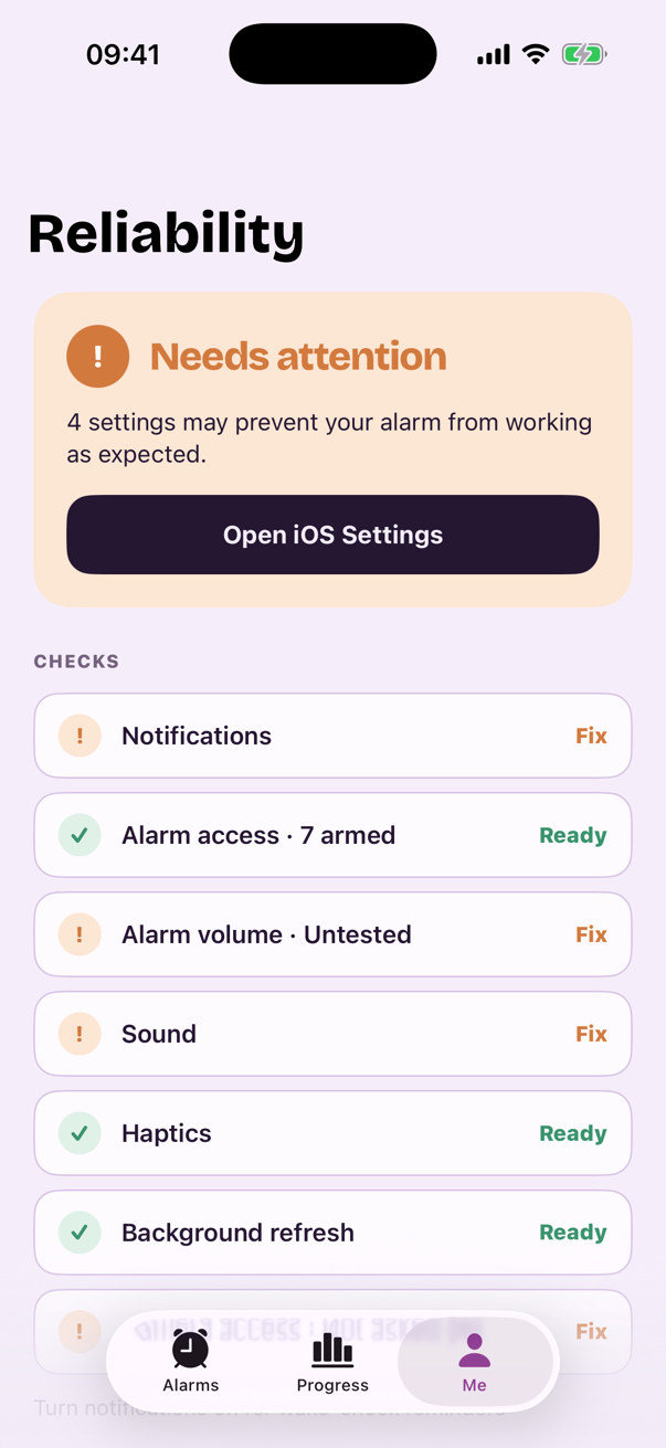 Albori Reliability Center listing settings that are ready and those needing attention