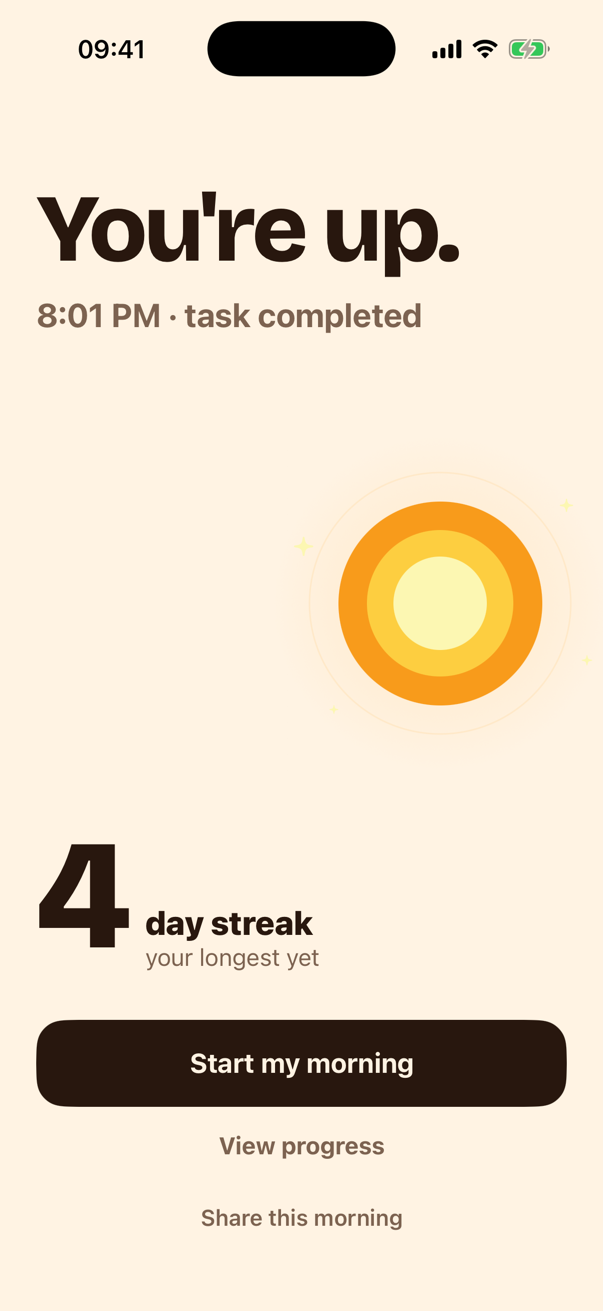 DawnPath success screen — task completed, a golden sun, and a 5-day streak