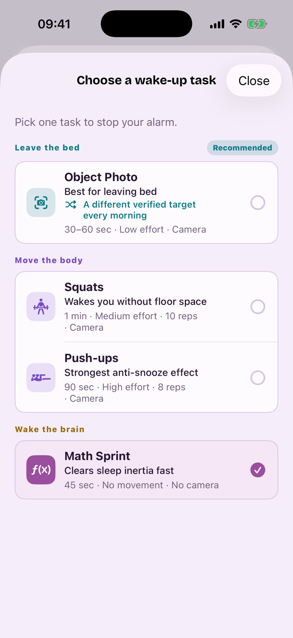 DawnPath task picker — choose one wake-up task: Object Photo, Squats, Push-ups, Math Sprint, or Memory